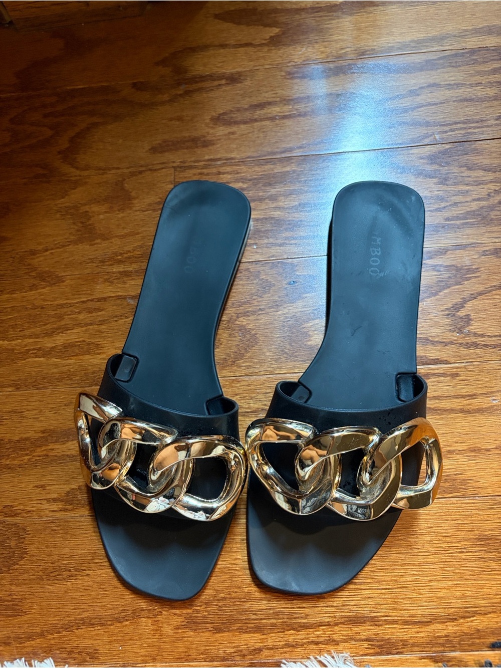 Black Slide Sandals with Gold Chain Accent